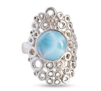 Ravishing Impressions Larimar Statement Ring in White Rhodium Bezel Set Round Blue Cabochon Gemstone Cocktail Ring for Women P1/2,57(18.1)