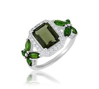 Ravishing Impressions Moldavite and Cubic Zirconia Ring Prong Set Rectangle Marquise Round Faceted Green Gemstones 9x7mm 4.1g Handmade Jewelry P1/2, 57(18.1)