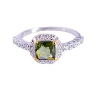 Ravishing Impressions Moldavite and Cubic Zirconia Ring Prong Set Square and Round Faceted Green Gemstones 6x6mm 2mm 2.7g Handmade O1/2, 56(17.80)