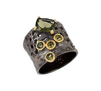 Ravishing Impressions Moldavite Ring Bezel Set Rectangle and Round Faceted Green Gemstones 9x7mm 3mm 12.4g Handmade Fine Jewelry Statement Gift for Women or Men Q1/2, 58(18.5)