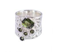 Ravishing Impressions Moldavite Ring Bezel Set Rectangle and Round Faceted Green Gemstones 9x7mm 3mm 12.4g Handmade Fine Jewelry Statement Gift for Women or Men O1/2, 56(17.80)