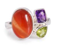 Ravishing Impressions Multicolor Gemstone Statement Ring White Rhodium Plated Carnelian Amethyst Peridot Bezel Set Oval Pear Rectangle Cabochon Ring for Women O1/2,56(17.80)