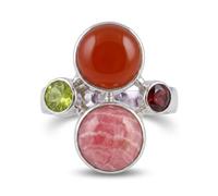 Ravishing Impressions Multicolor Gemstone Statement Ring White Rhodium Plated Rhodochrosite Peridot Garnet Carnelian Round Cabochon Bezel Set Silver Ring for Women T1/2,62(19.70)