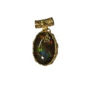 Ravishing Impressions Oval Ammolite Pendant Necklace - 23x15mm Green Fire Gemstone in Yellow Gold Plated 925 Sterling Silver - Elegant Natural Iridescent Jewelry - Handmade Statement Gift for Her