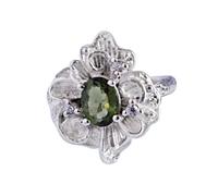Ravishing Impressions Oval Moldavite and Cubic Zirconia Ring Prong Set Green Faceted Gemstones Handmade Jewelry Statement Gift J1/2, 49(15.6)