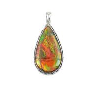 Ravishing Impressions Pear Ammolite Pendant Necklace - 41x21mm Orange Fire Gemstone in Rhodium Plated 925 Sterling Silver - Rare Iridescent Statement Jewelry - Handmade Gift for Her