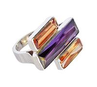 Ravishing Impressions Purple Quartz Yellow Quartz Statement Ring White Rhodium Bezel Set Rectangle Faceted Gemstone Ring 30x8mm 18x6mm 18x5mm Bold Designer Jewelry Gift for Women-T 1/2