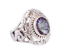 Ravishing Impressions Rainbow Quartz Statement Ring White Rhodium Bezel Set Round Faceted 10x8mm Multicolor Gemstone Ring Bold Designer Jewelry Unique Gift for Women-U 1/2