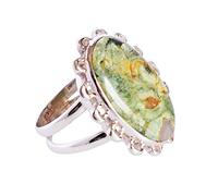Ravishing Impressions Rainforest Rhyolite Jasper Statement Ring White Rhodium Bezel Set Oval Cabochon 25x15mm Multicolor Gemstone Ring Bold Designer Jewelry Unique Gift for Women-R 1/2