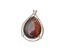 Ravishing Impressions Red Fire Ammolite Pendant Necklace - 26x20mm Pear Cut Gemstone Framed with White Topaz - Rose Gold Plated 925 Sterling Silver - Unique Handmade Canadian Jewelry for Women