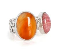 Ravishing Impressions Rhodochrosite and Carnelian Statement Ring in White Rhodium Bezel Set Oval Cabochon Pink Orange Gemstone Cocktail Ring M1/2,53(16.9)