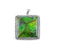 Ravishing Impressions Square Ammolite Pendant - 55 mm Rhodium-Plated 925 Sterling Silver - Large Green-Fire Gem Statement Jewelry for Women - Bold Art Deco Design Gift