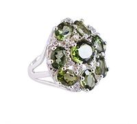 Ravishing Impressions Stackable Moldavite and Cubic Zirconia Prong Ring Oval 8x6mm with Round 6x4mm Green Faceted Stones Statement Fashion Jewelry M1/2, 53(16.9)
