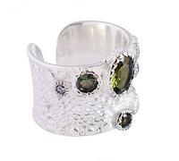 Ravishing Impressions Stackable Moldavite Bezel Ring Oval 8x6mm with Round 4mm and 3mm Green Faceted Stones Statement Stacking Fashion Jewelry Gift P1/2, 57(18.1)