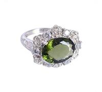 Ravishing Impressions Stackable Prong Set Moldavite Ring Oval Fourteen by Ten Millimeter with Round Cubic Zircon Accent Green Faceted Stacking Statement Jewelry K1/2, 51(16.2)