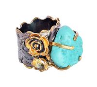 Ravishing Impressions Turquoise Citrine Statement Ring Black Rhodium Yellow Gold Plated Prong Set Oval Rough Gemstone Ring 20x16mm 7x5mm Bold Designer Jewelry Gift for Women-Q 1/2