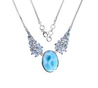 Ravishing Impressions White Rhodium Plated 925 Sterling Silver Larimar and Blue Topaz Necklace, Oval, Marquise & Pear Cabochon Gemstone Jewelry for Women, 20 Inch Chain Statement Accessory