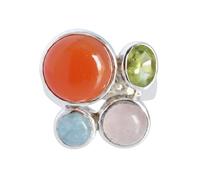 Ravishing Impressions White Rhodium Plated Multi Color Gemstone Statement Ring Carnelian Rose Quartz Aquamarine Peridot Cabochon Round Bezel Set Adjustable Fashion Ring For Women T1/2,62(19.70)