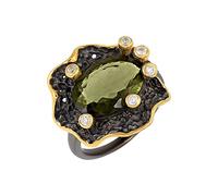 Ravishing Impressions Yellow Gold Moldavite & Cubic Zirconia Prong Ring, Oval & Round Faceted Green Stones 14x10mm, 2mm, Stackable Statement Jewelry for Everyday & Special Occasions R1/2, 60(19.10)