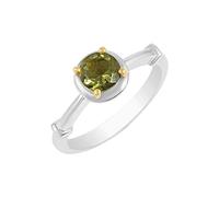 Ravishing Impressions Yellow Gold Plated Moldavite Ring 5mm Round Faceted Green Prong Set Handmade Statement Jewelry Silver Band Q1/2, 58(18.5)