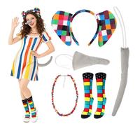 Ravzlyz 5pcs Multicoloured Patchwork Elephant Accessories Set, Fancy Dress Costume with Colourful Elephant Ears Headband Nose Tail Necklace Socks for World Book Day Halloween Party