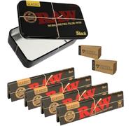 RAW Black King Size Rolling Papers Set with Storage Tin, Premium Papers and Tips