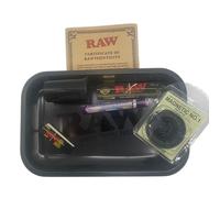 RAW Black Rolling Tray Bundle | 28 x 18cm | 6 Piece Set | Metal Rolling Tray | King Size Papers | Roach Card Booklet | Cyclone Clear | Plastic Herb Grinder | Plastic Pop Tub |