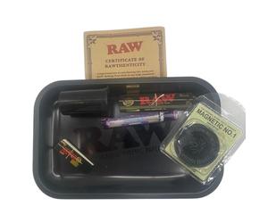 RAW Black Rolling Tray Bundle | 28 x 18cm | 6 Piece Set | Metal Rolling Tray | King Size Papers | Roach Card Booklet | Cyclone Clear | Plastic Herb Grinder | Plastic Pop Tub |