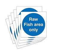 Raw Fish Area Only Catering Labels, Self-Adhesive Vinyl Stickers, Blue and White, 100mm x 100mm, Pack of 10, Food Hygiene Health and Safety Signs
