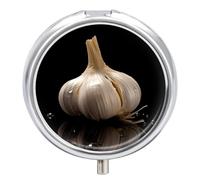 Raw Garlic Pill Box 3 Compartment Travel Pill Organizer 3 Times A Day Cute Mini Pill Case for Purse & Pocket Portable Metal Medicine Box with Mirror Round Daily Medicine Vitamin Container