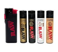 RAW Lighter 5-Pack - 1 Refillable Phoenix Lighter with Built-in Windshield & Poker Stick + 4 RAW Clipper Reusable Butane Lighters - Black, Gold, White, Tan - Pocket Lighter Set