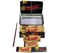 RAW Rolling Kit with Tin Box - 9 in 1 Portable Rolling Accessories Set Featuring RAW Classic, Black, Organic Hemp Papers, Tips, Wooden Poker & Metal Storage Case - Perfect for Rolling Enthusiasts