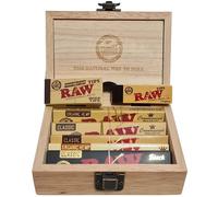 RAW Rolling Kit with Wooden Storage Box - 8 in 1 Portable Rolling Accessories Set Featuring RAW Classic, Black, Organic Hemp Connoisseur Papers, Tips, and More - Perfect for Rolling Enthusiasts