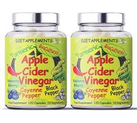 Raw, Unfiltered Apple Cider Vinegar with The Mother from Suffolk, Turmeric, Ginger, Black Pepper, Cayenne Pepper, Blueberries, Bilberries, High Strength Bio Cultures. 120 Vegan Capsules, 2 Bottles