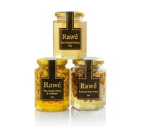 Rawé Raw Acacia Honey Gift Set, 3 Pack with Mixed Nuts and Pistachios, 280g and 330g Hexagonal Glass Jars, Unpasteurised and Unfiltered