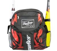 Rawlings Savage Youth Baseball Bag - Kids Bat Bag - Durable Baseball Backpack - Holds Two Bats - Includes Hook to Hang on Fence - Black/Red