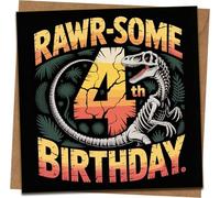 RAWR-SOME 4th Birthday Card for Boys - Dinosaur Skeleton Design, Funny Kids Birthday Greeting, 145mm x 145mm Square Card with Kraft Envelope