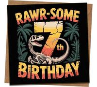 Rawr-some 7th Birthday Card for Kids - Dinosaur T-Rex Design, Square 145mm x 145mm, Blank Inside, Includes Kraft Envelope - Fun Card for Boys or Girls