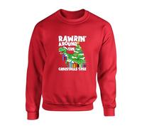 Rawrin' Around The Christmas Jumper, Funny Dinosaur T-Rex Xmas Sweatshirt Unisex Kids Adults Top(4XL, Red)