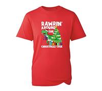 Rawrin' Around The Christmas Tree T-Shirt, Dinosaur Santa Hat Funny Ugly Xmas Festive Gift Unisex Kids Adults Tee Top (Red, XL)