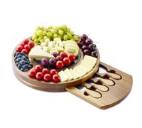 RAXCO Acacia Wood Cheese Board Gift Set with Slate Plate, 32cm Round Charcuterie Board with Hidden Drawer and 4 Specialist Cheese Knives