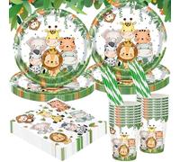 Raxfekro Forest Animals Party Tableware Set, Jungle Birthday Decoration, Forest Animals Party Children's Birthday Cutlery Includes Plates, Napkins, Cups, Straws (for 16 Guests)
