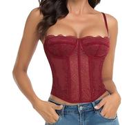 Raxnode Lace Corset Crop Tops for Women - Sexy Fashion Club Bodysuit with Buckle, Burgundy, Small