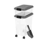 raxter Pet Food Storage Container Set, Clear with Red Lid, Food-Grade Plastic, 45L Combined Capacity, Airtight Seal, Wheeled Base, Stackable, 3 Piece Set with Measuring Scoop (Grey)