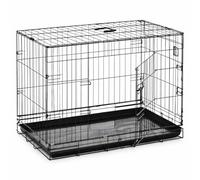 Raxter Puppy Dog Crate 36 Inch Foldable Double Door Metal Cage | 4 Locks, Carry Handle, Removable Plastic Tray, Small Pet Playpen Kennel for Cats, Dogs Training, Animals Travel & Safety