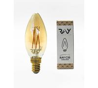 Ray C35 E14 in Liquid Gold Finish. Full Spectrum Colour 93 CRI LED Candle Lightbulb. Flicker Free and Fully Dimmable, Circadian Friendly, Eye-Kind Sleep Better Technology. 380 Lumens at 4.5W, 2400K