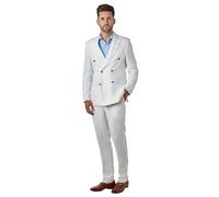 RAY Mens Double Breasted Herringbone Linen Suit 2 Piece Tailored Fit Summer Jacket Trouser [Suit-DB-RAY-White, UK/US 52 EU 62]