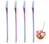 Rayakt 4Pcs Rainbow Dessert Forks, Stainless Steel Round Handle 2-Tine Pickle Fork for Home Kitchen Party, Long Handle Fruit Fork for Appetizer, Cake, Salad, Olive