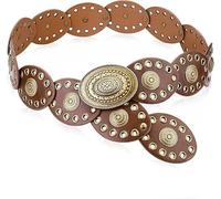 Rayakt Disc Belt for Women, PU Leather Western Belt, Vintage Waist Belt Boho Concho Wide Belt with Studded Rivets and Eyelets for Dresses Pants Jeans Skirts Festival Outfit (Brown)