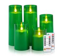 Raycare Battery Operated Flameless Pillar Candles with Remote Timer, Green | LED Acrylic Festive Ambience Candle with Realistic Glow for Christmas Trees, Tables, Seasonal Parties, Family Gifts, Set of 5